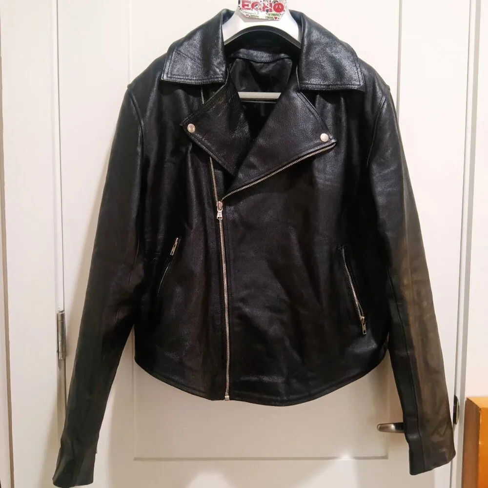 Mens Black Leather Motorcycle Jacket, Heavy, Lined Very Good! - Picture 1 of 10